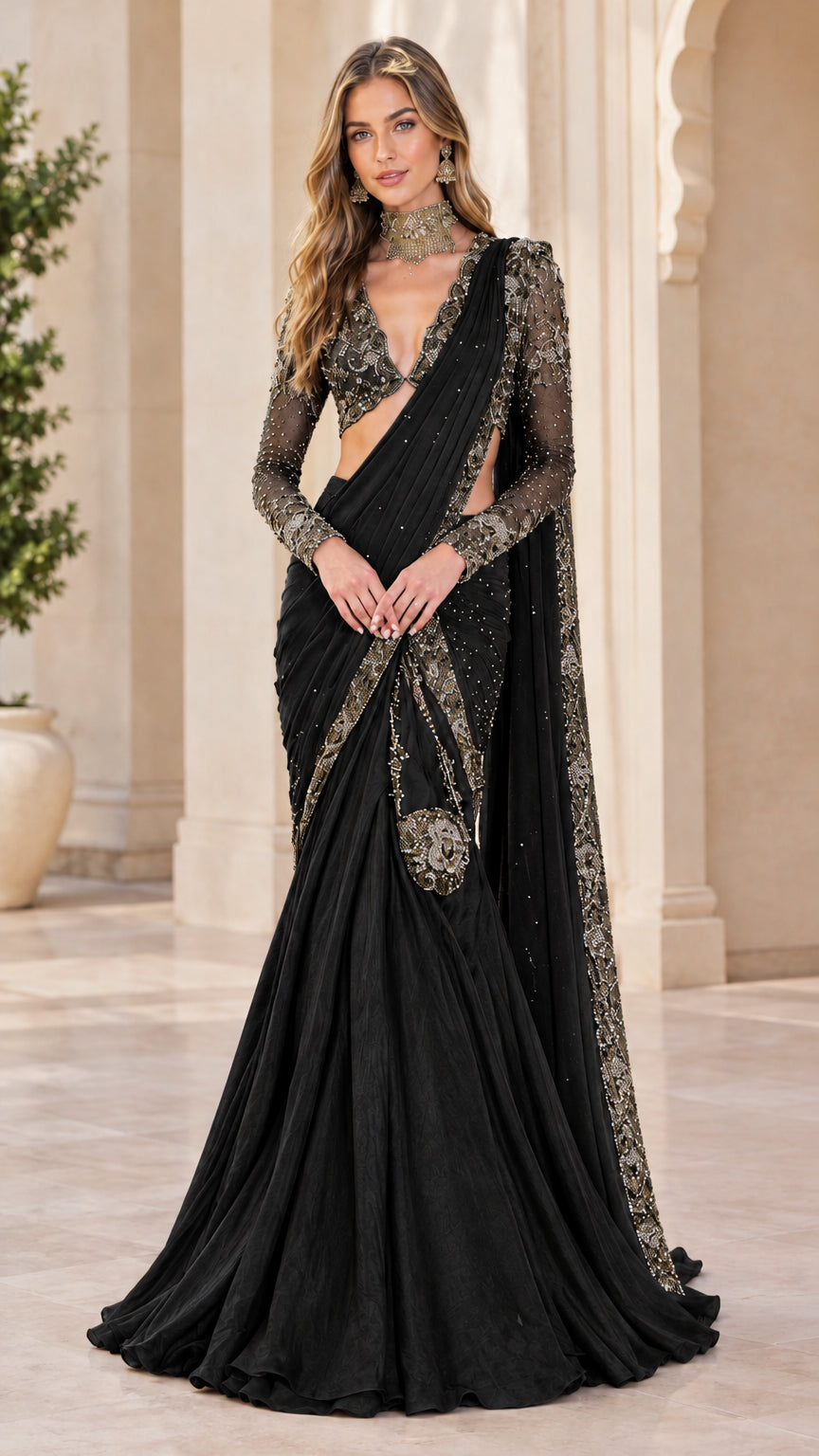 Front view of black embellished pre-draped saree gown with sparkling beadwork