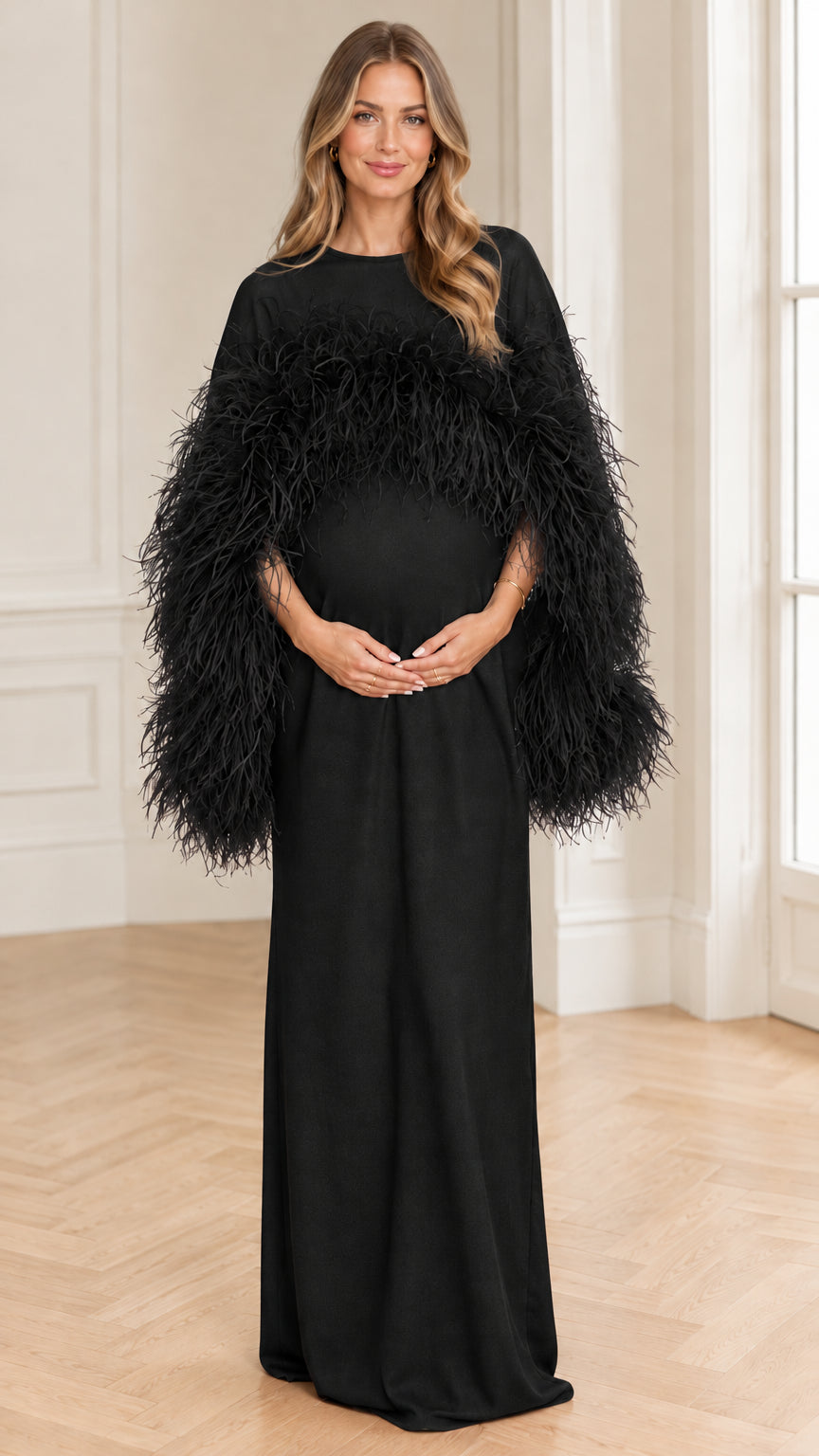 Black feather capelet floor-length maternity evening gown