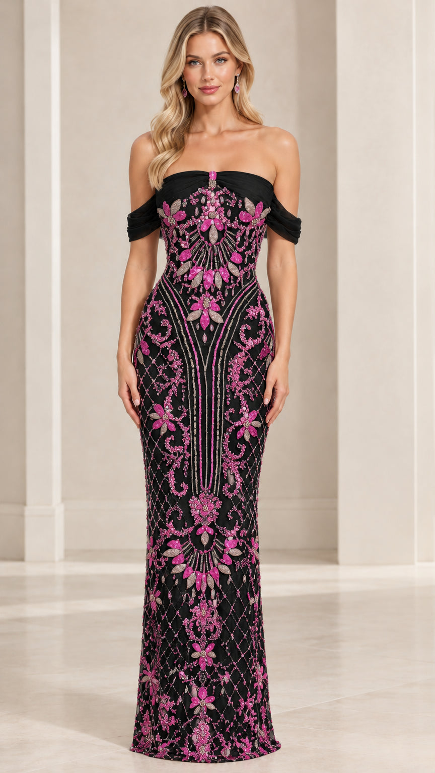Black off-the-shoulder evening gown with contrast pink sequin embroidery