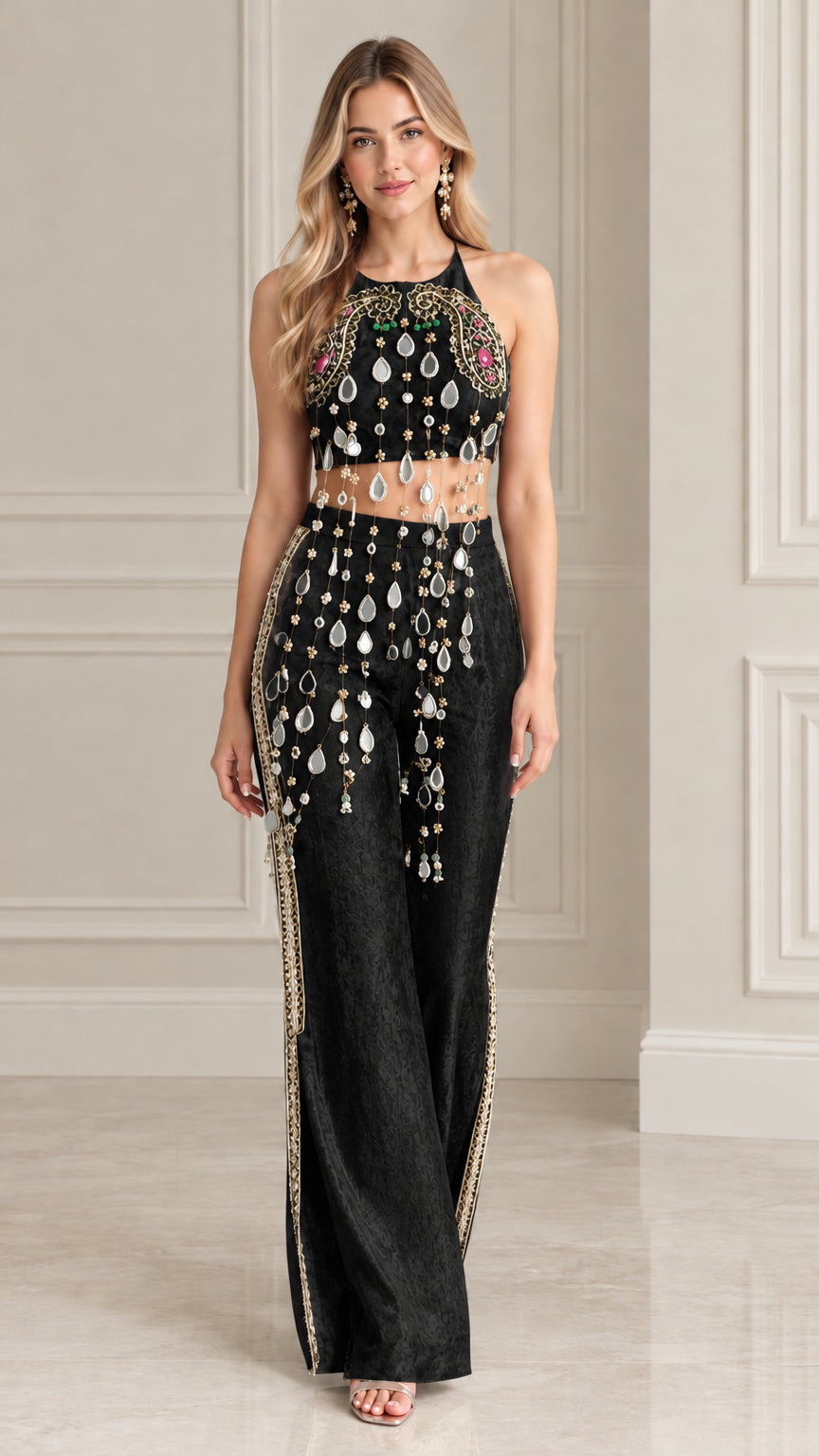 Black embellished halter crop top and wide-leg pant set