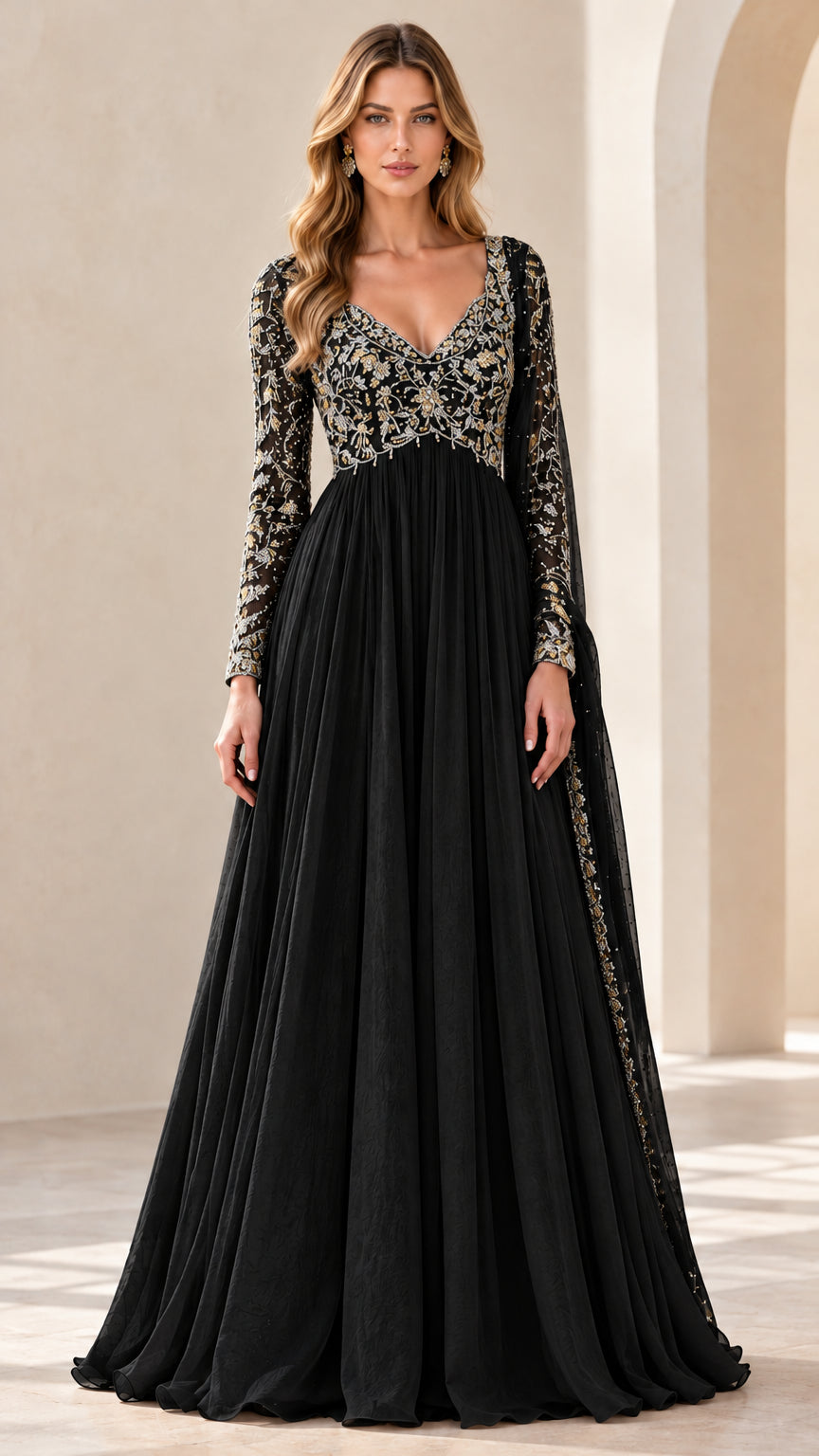 Black long sleeve embroidered bodice maxi evening gown