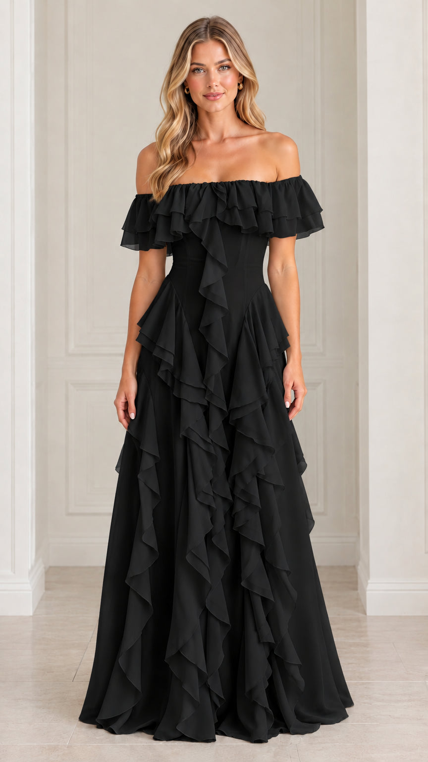 Front view of black off-the-shoulder ruffle tiered maxi evening dress