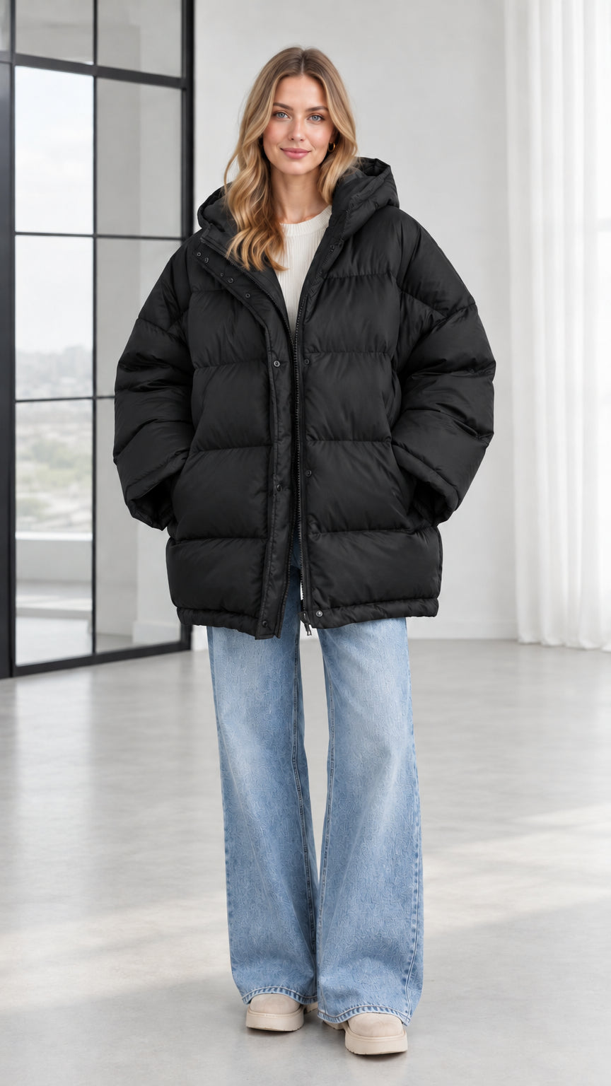 Front view of model wearing black oversized hooded puffer jacket