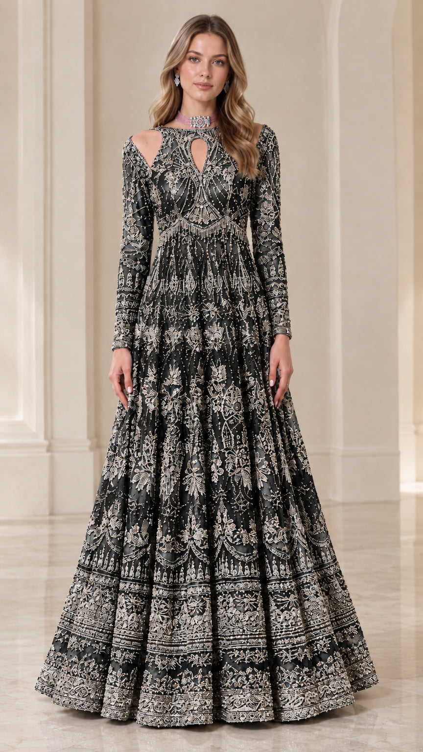 Full-length Black embroidered formal evening gown with long sleeves