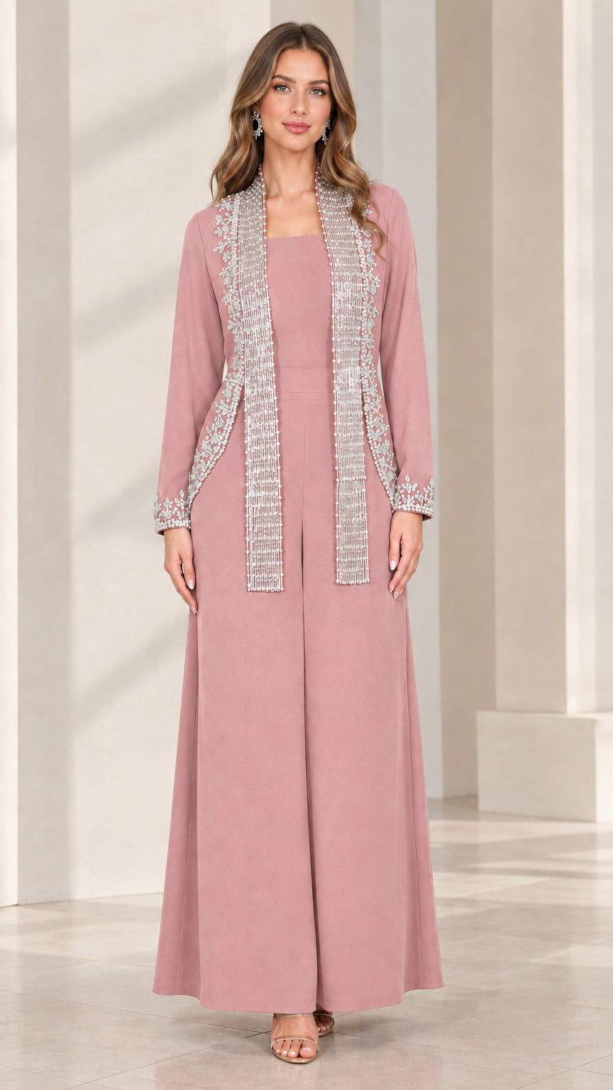 Dusty pink wide-leg evening jumpsuit set with matching embellished jacket