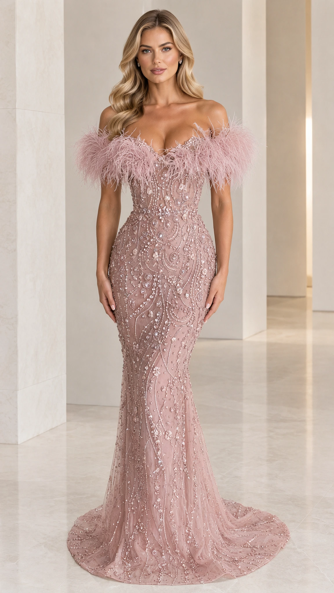 Front view of dusty pink off-the-shoulder beaded mermaid formal gown with feather trim