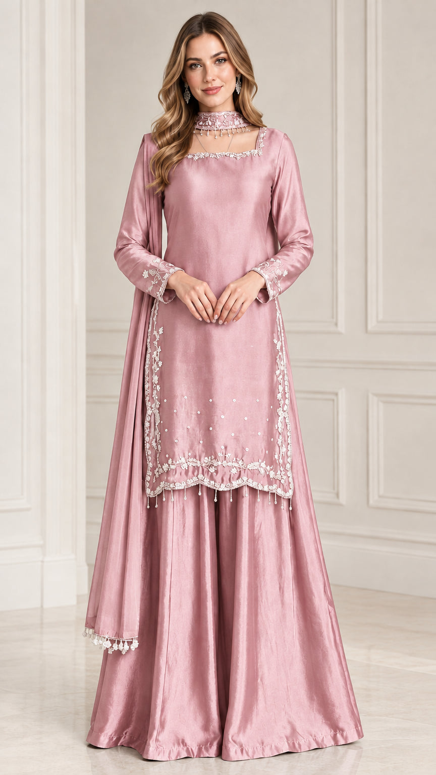 Front view of dusty pink embroidered satin sharara suit set