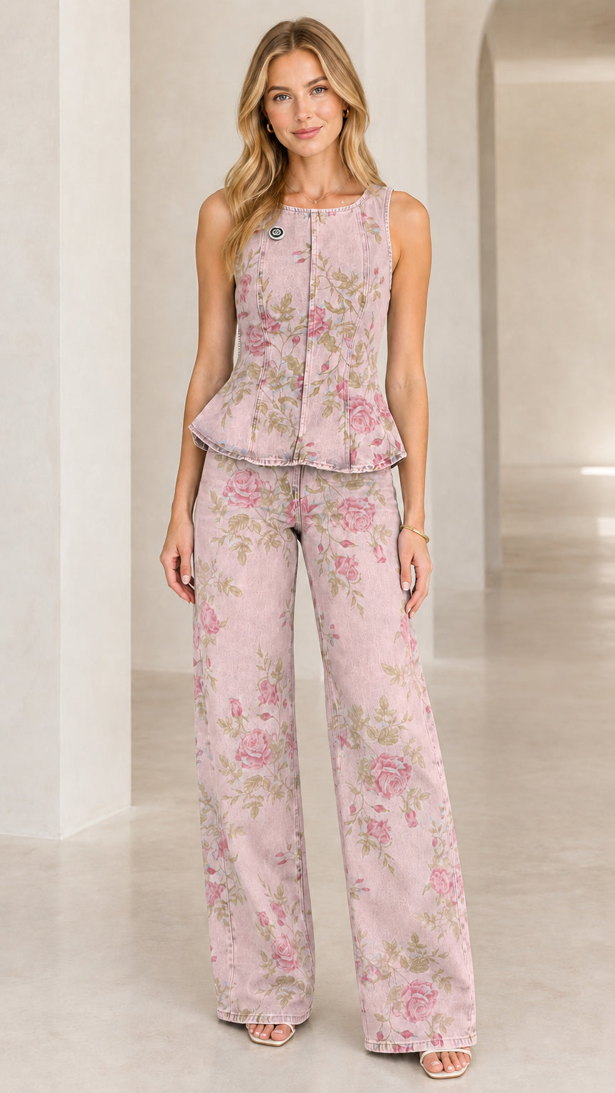 Dusty Pink floral denim matching peplum top and wide leg pants set