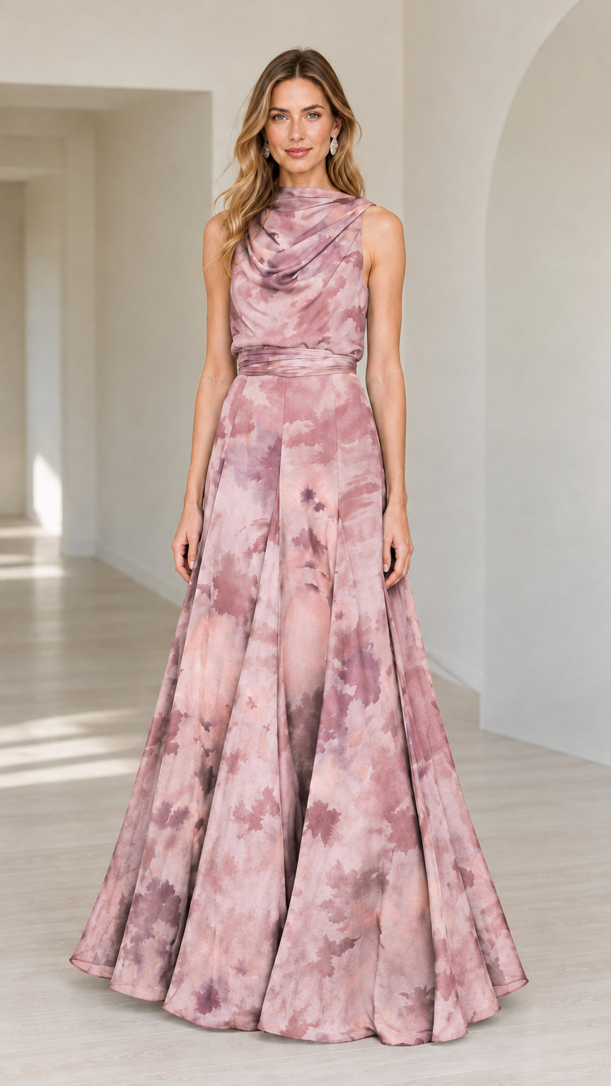 Front view of woman wearing dusty rose watercolor print sleeveless cowl neck maxi gown