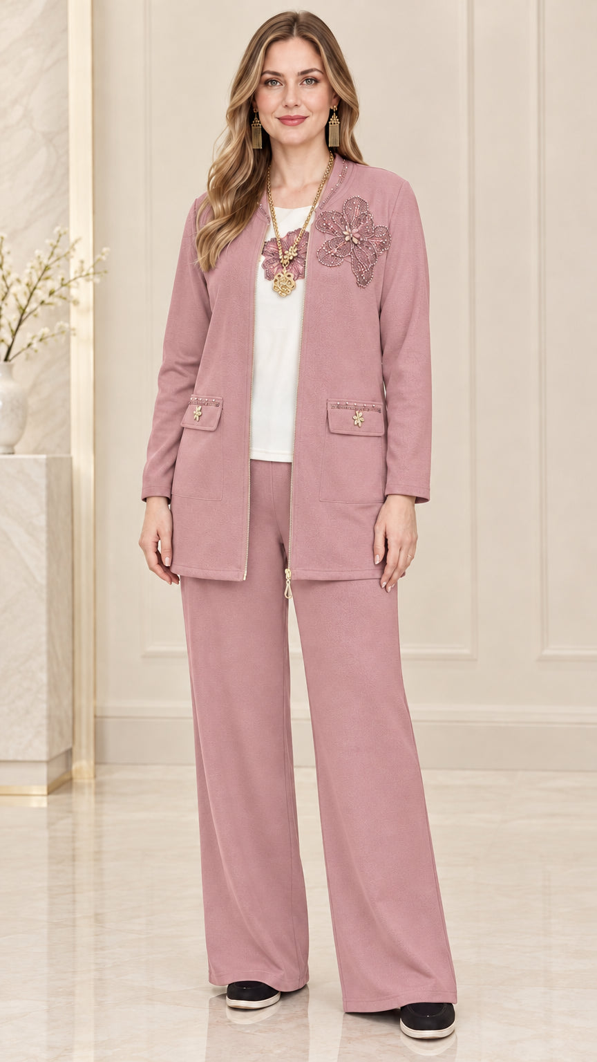 Full front view of women's dusty rose two-piece floral embellished pants set
