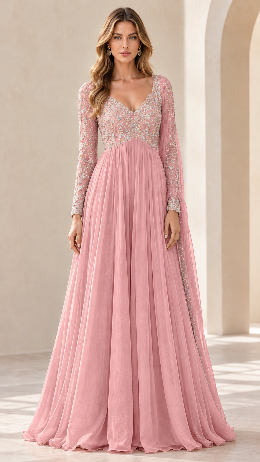 Blush pink long sleeve embroidered formal evening dress