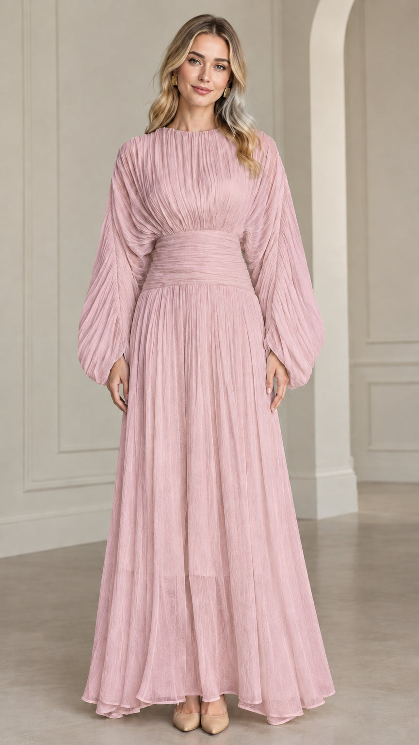 Dusty pink pleated balloon sleeve formal maxi dress