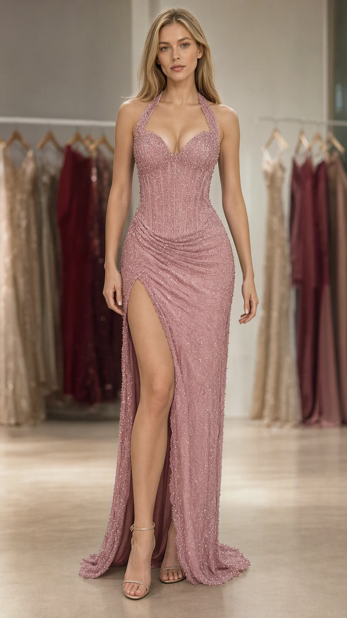 Model wearing Dusty Rose shimmering halter corset maxi evening gown