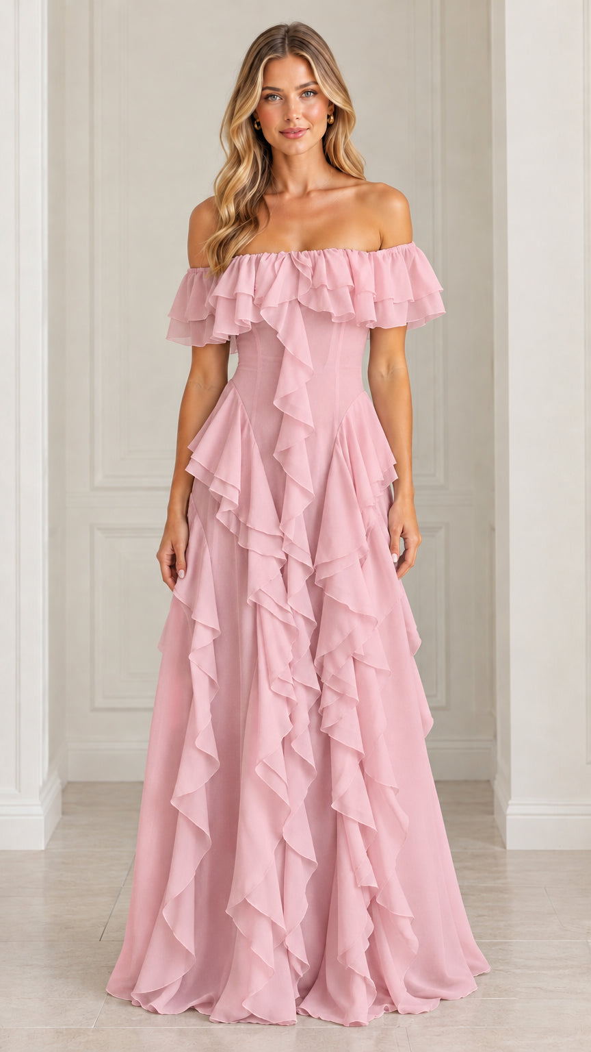 Front view of blush pink off-the-shoulder cascading ruffle floor-length gown