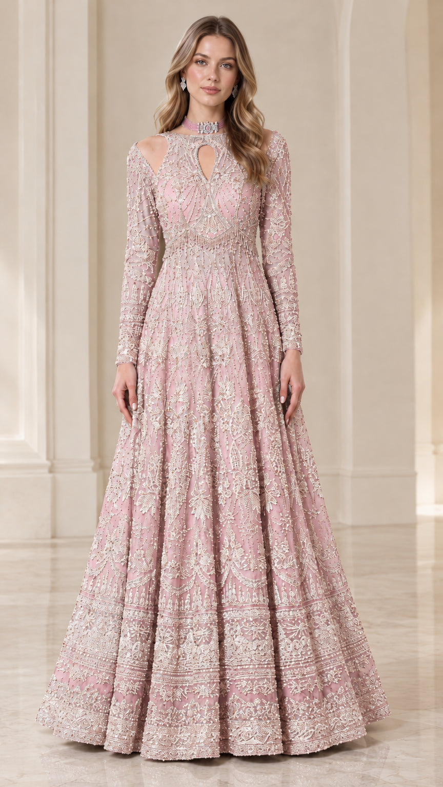 Full-length Blush Pink beaded evening gown with cutouts