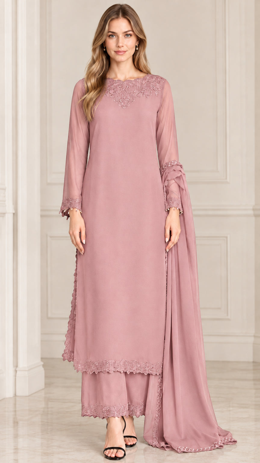 Dusty Rose embroidered chiffon 3-piece formal pant set with scarf