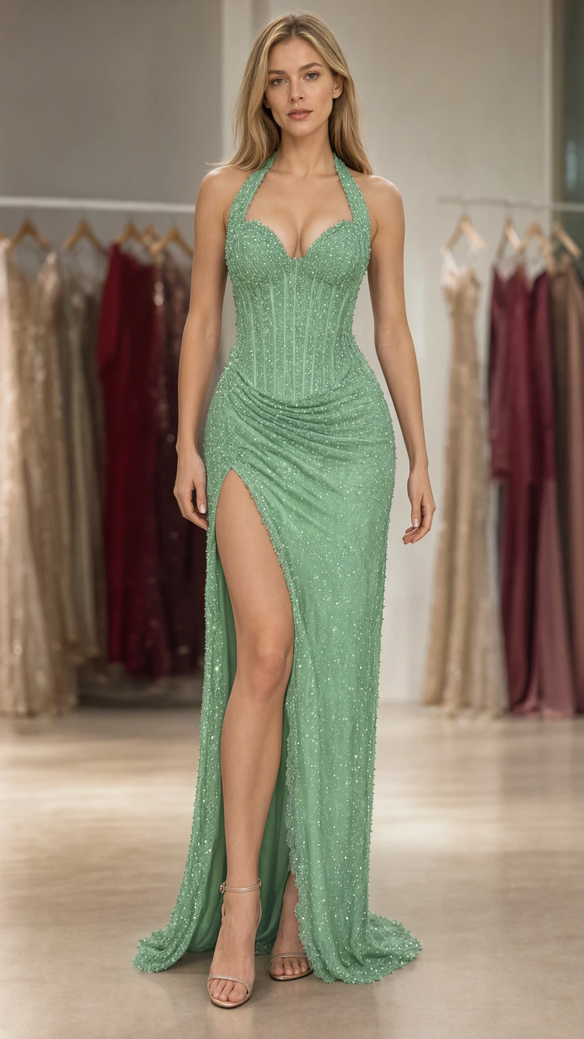 Model wearing Sage Green glitter halter sweetheart evening dress