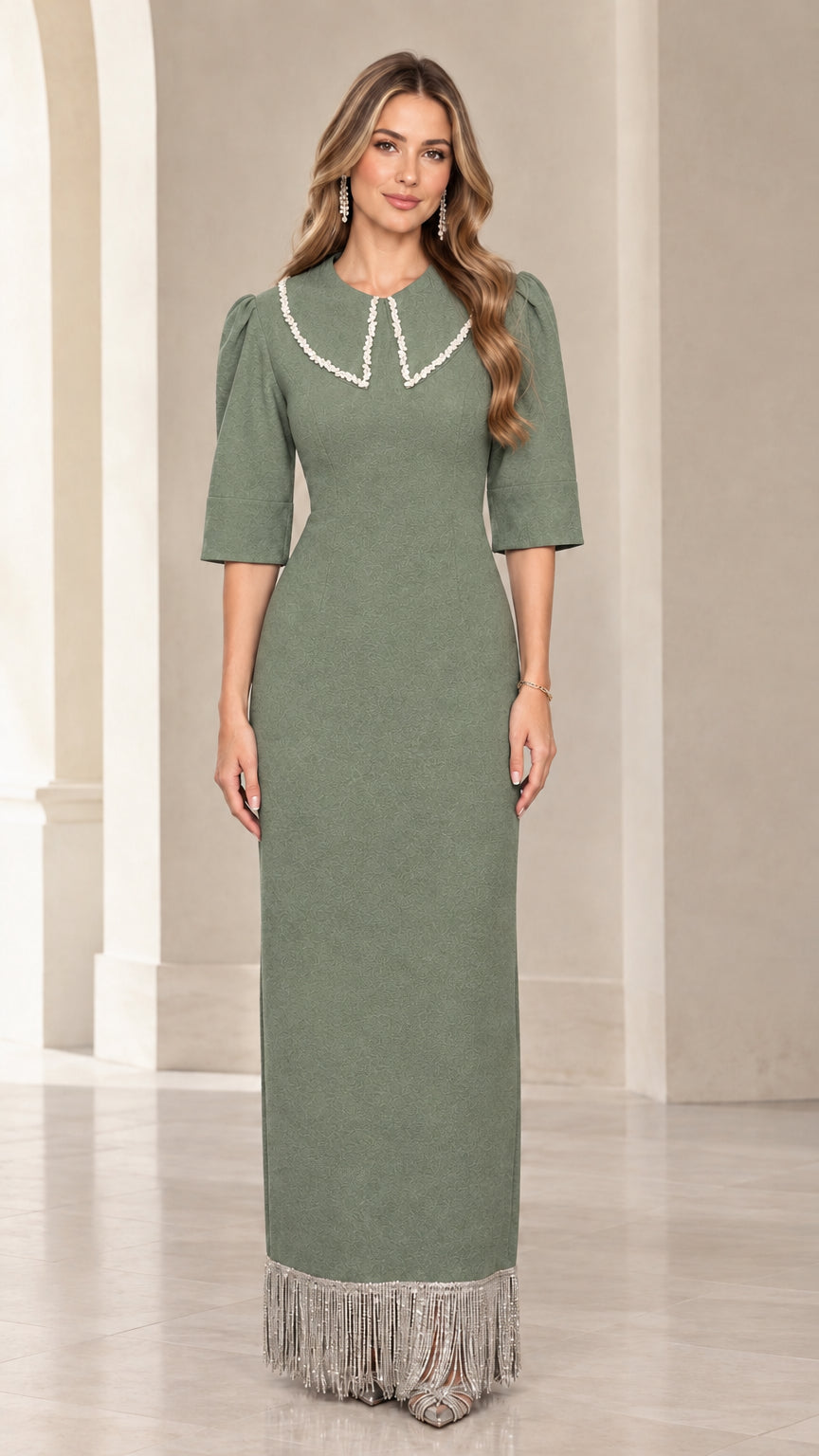 Front view of sage green embellished collar column maxi dress