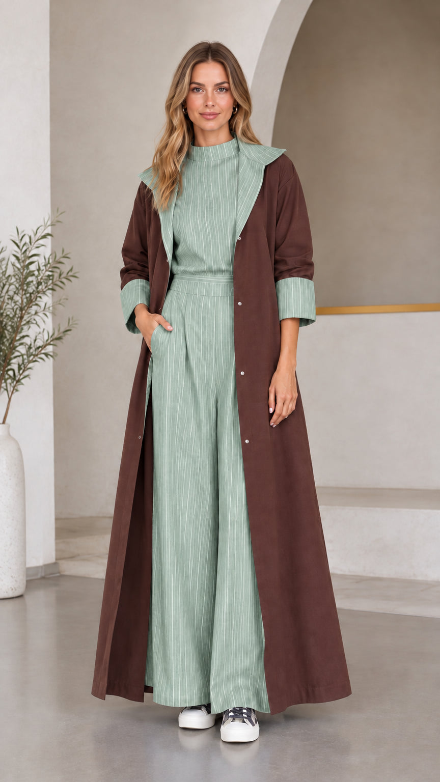 Women's brown duster coat paired with sage green striped wide-leg two-piece set