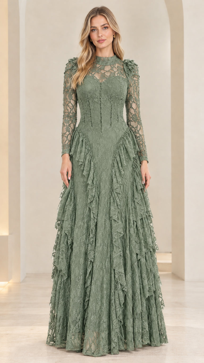 Front view of woman wearing sage green long sleeve tiered lace maxi formal dress