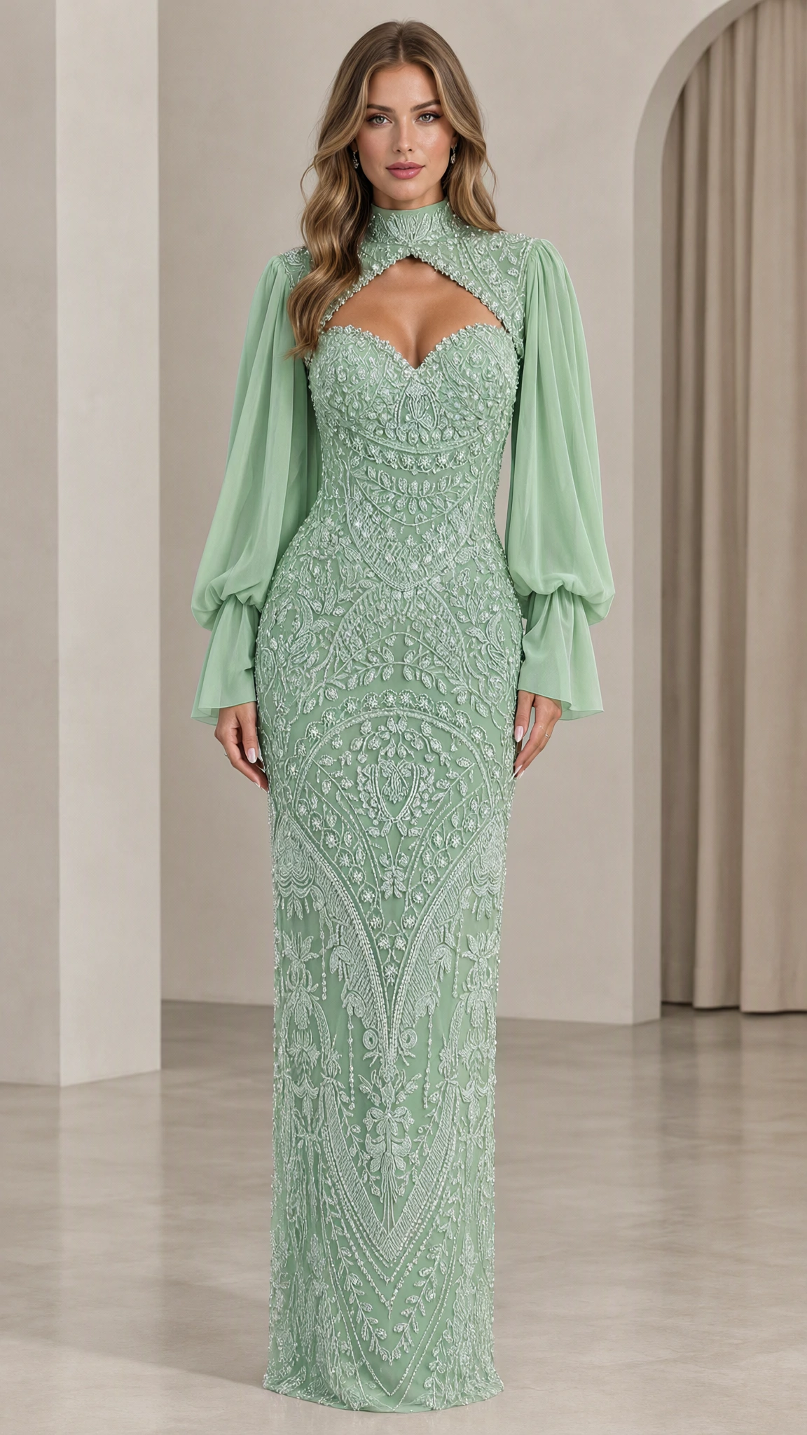 Sage green beaded formal maxi dress with sheer gathered sleeves