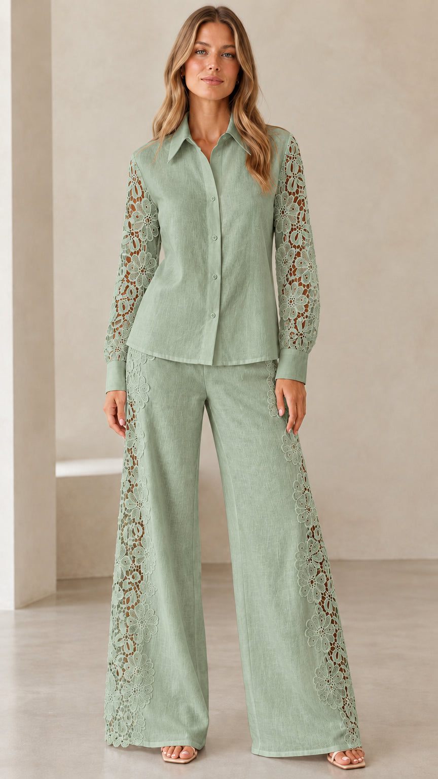 Front view of model wearing sage green lace button-down shirt and matching wide-leg pants set