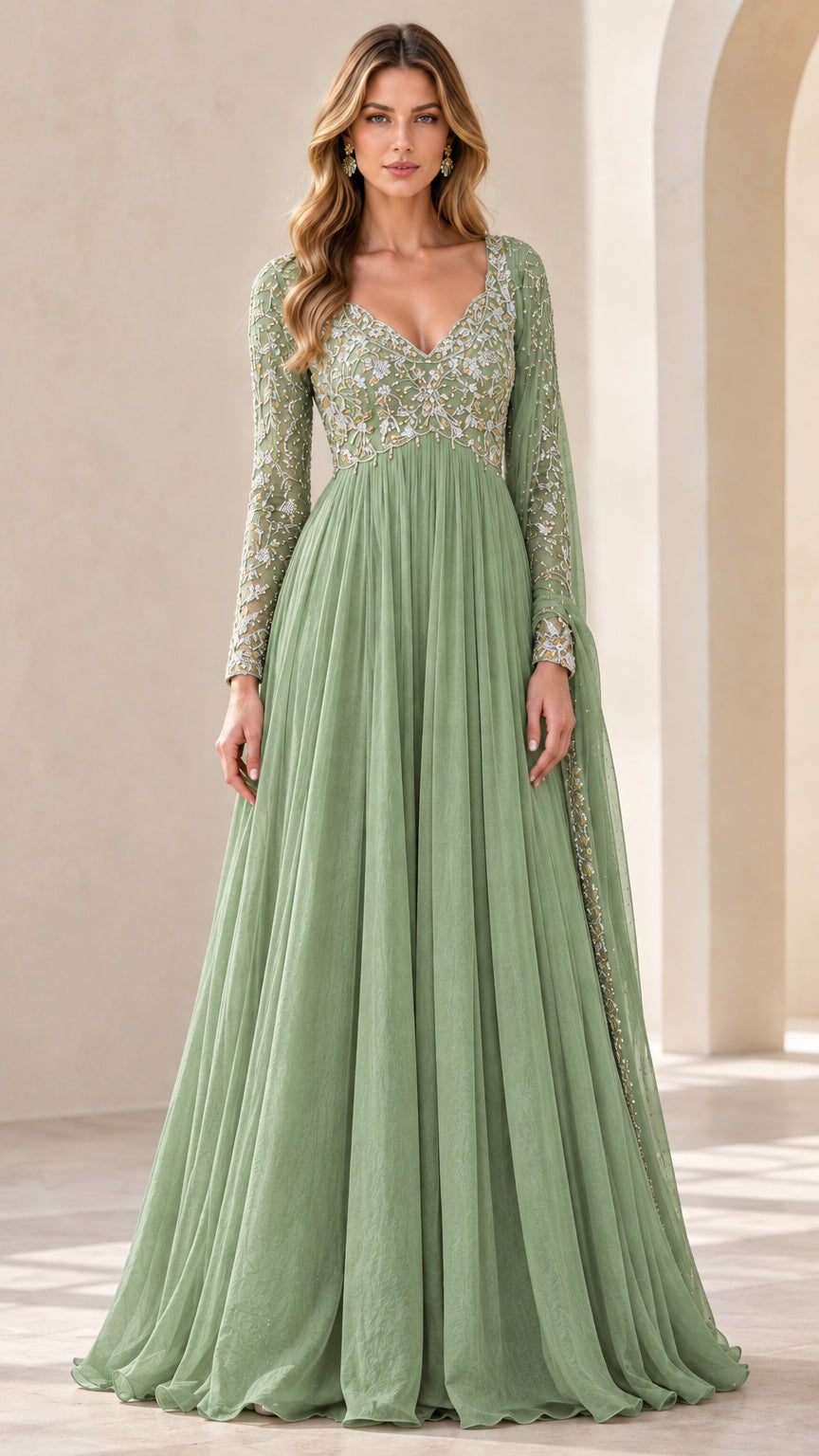 Sage green long sleeve V-neck embroidered maxi gown