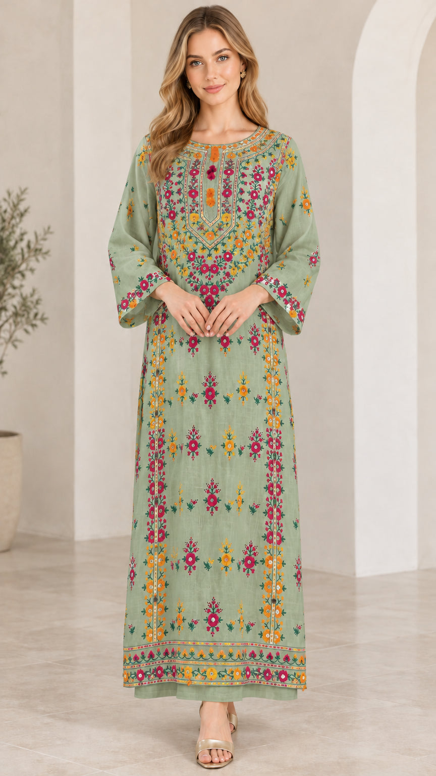Front view of sage green floral embroidered maxi kaftan dress