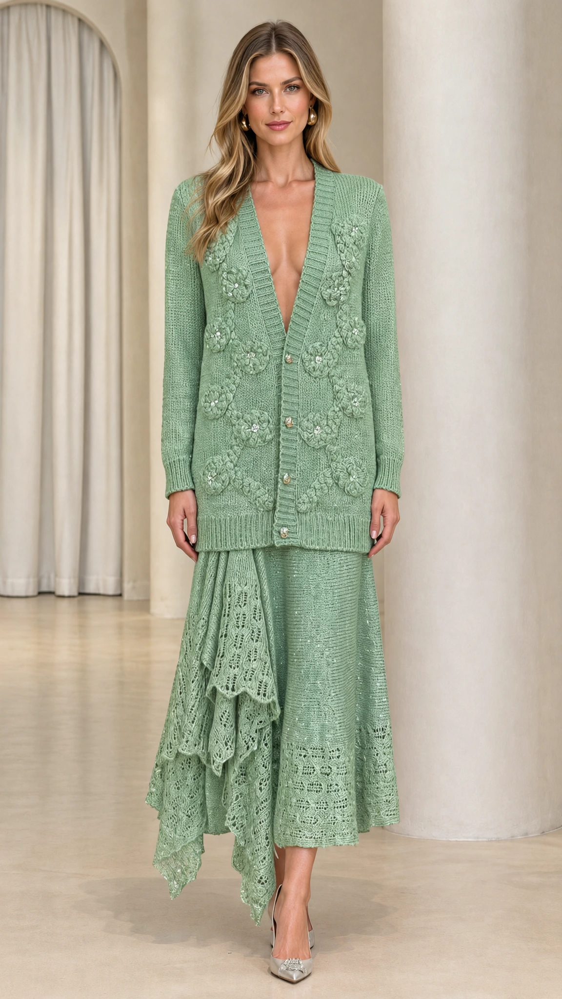 Model wearing sage green button-up knit cardigan and matching lace-trimmed midi skirt set
