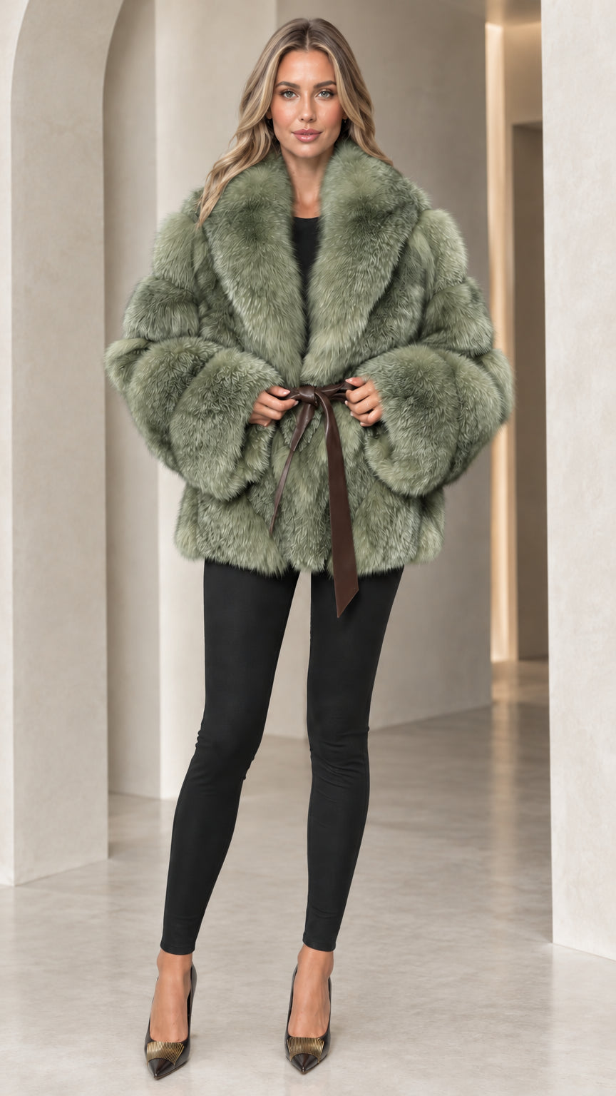 Front full view of woman wearing Sage Green faux fur belted winter jacket