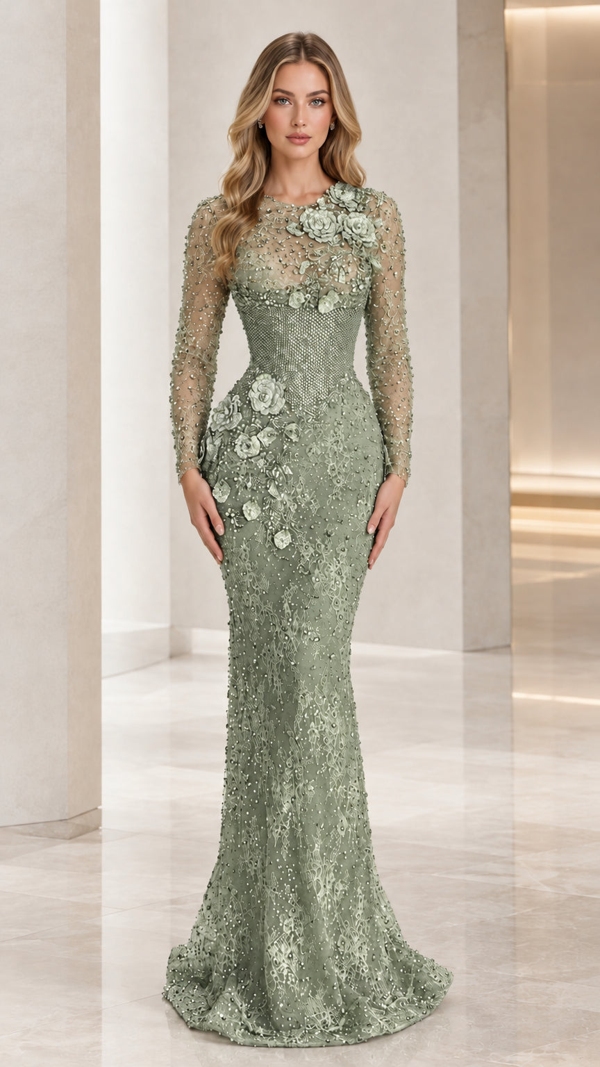 Sage green beaded long sleeve mermaid evening dress