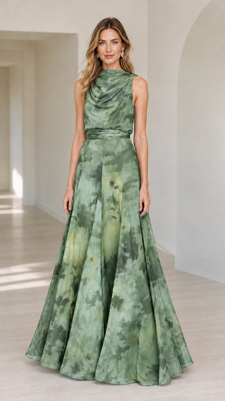 Front view of woman wearing sage green abstract floral print A-line maxi dress