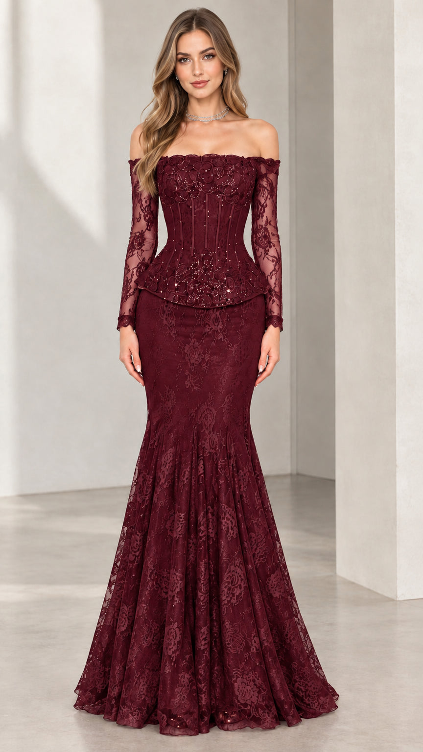 Full-length front view of woman wearing burgundy wine red lace mermaid evening gown