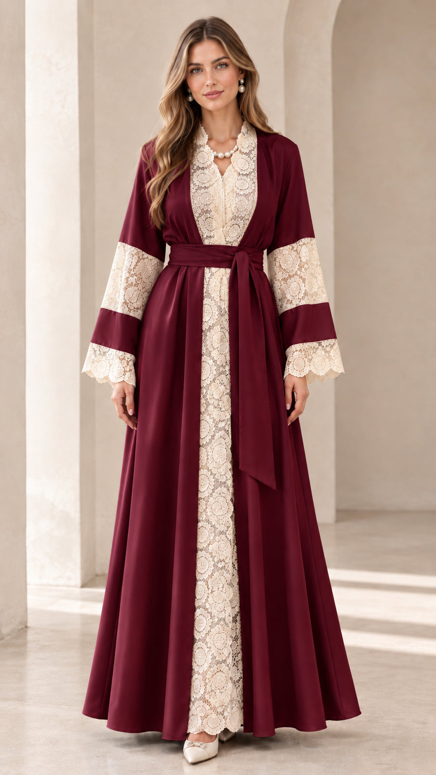 Front full view of Burgundy wine red lace trimmed tie-waist abaya dress