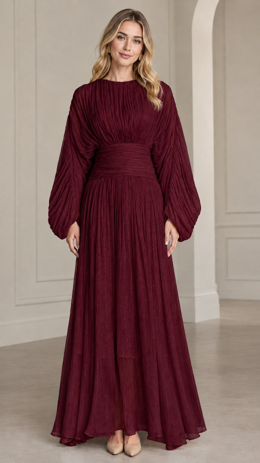 Burgundy wine pleated long sleeve A-line maxi gown