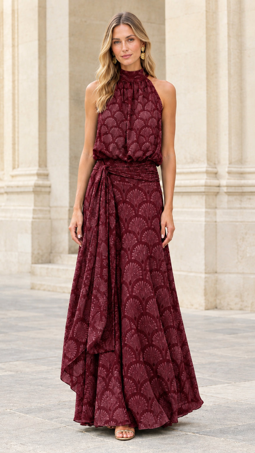 Front view of burgundy halter neck maxi dress with draped sash detail