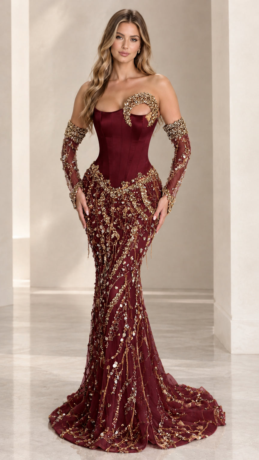 Burgundy red corset mermaid evening gown with sparkling gold beadwork