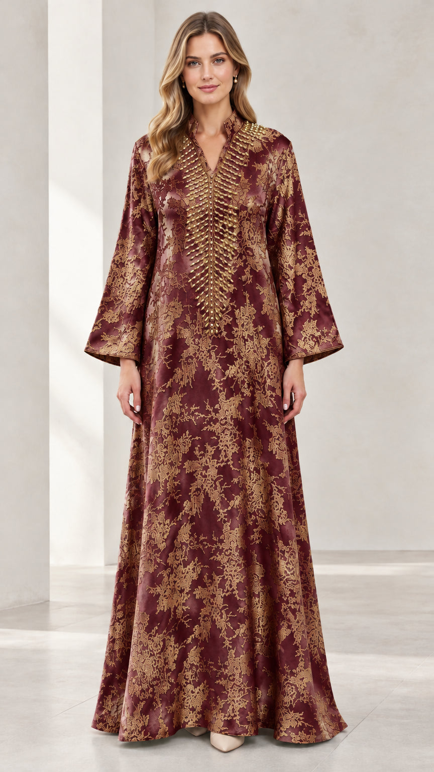 Burgundy metallic jacquard beaded neckline kaftan maxi dress