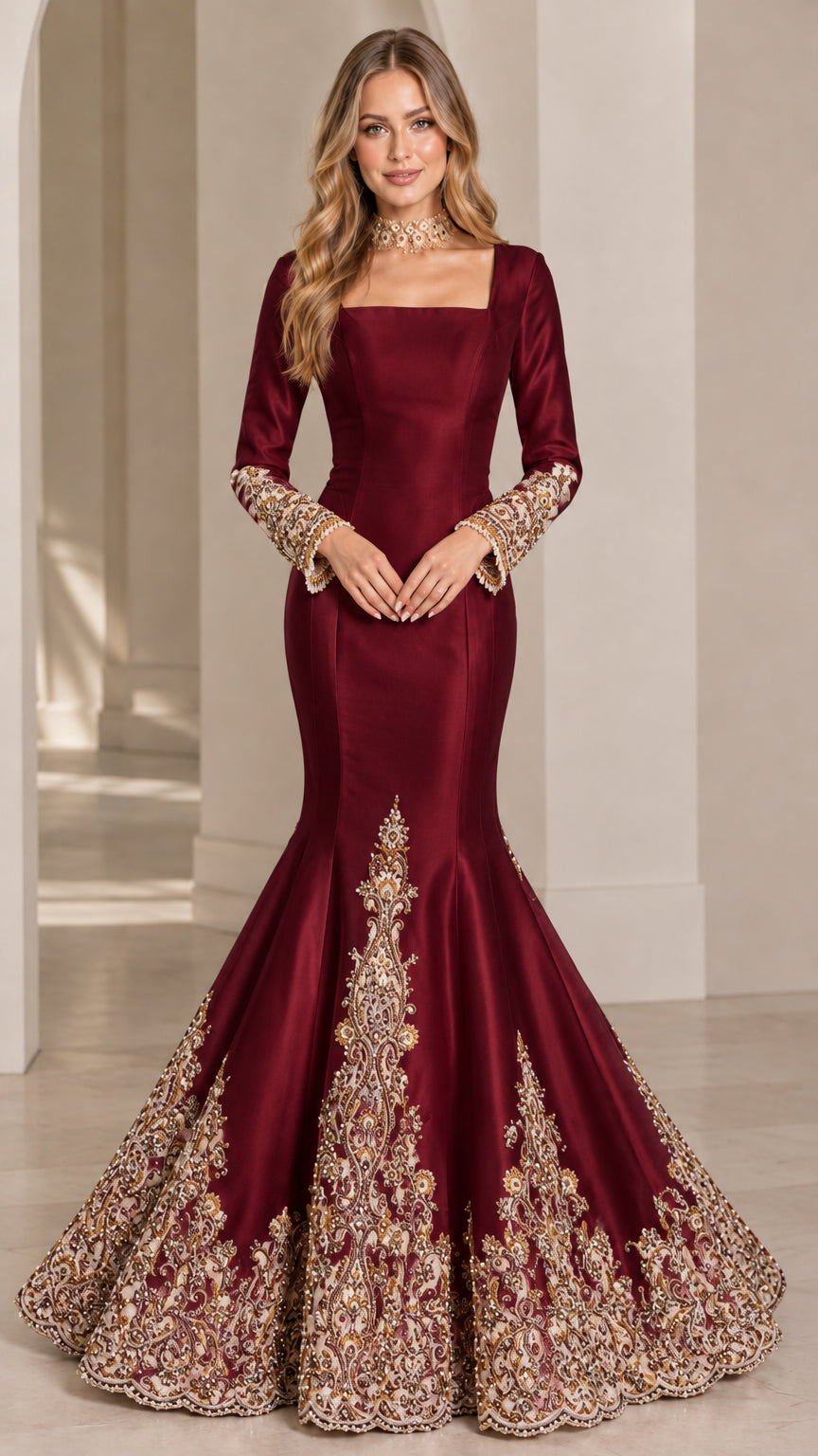 Front view of burgundy wine red long sleeve square neck mermaid evening gown with gold embroidery