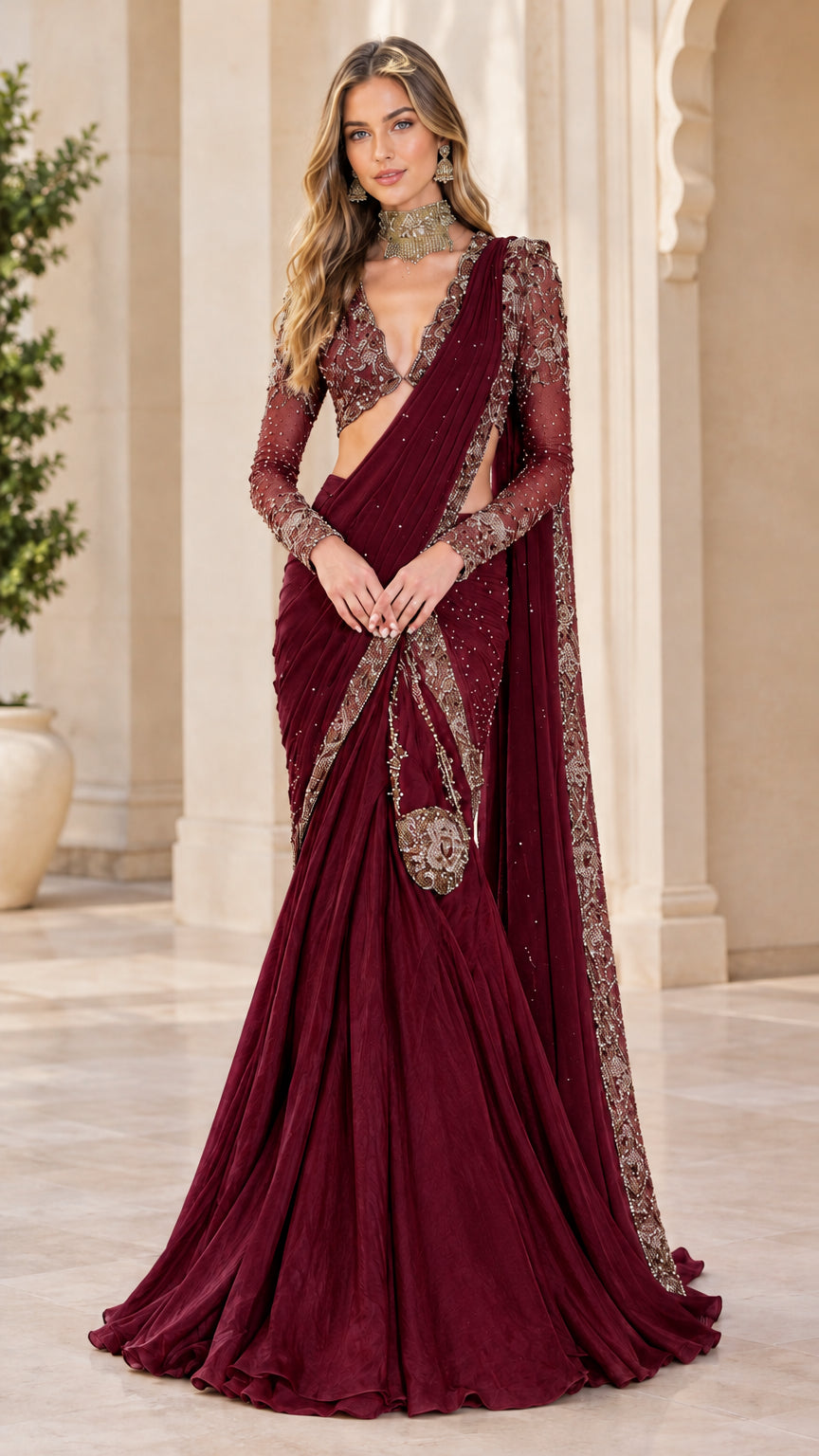 Front view of deep burgundy pre-draped saree gown with sheer embroidered bodice