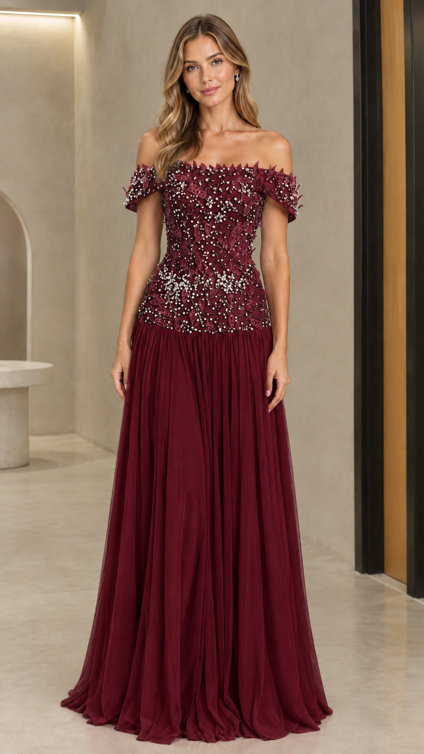 Front view of rich burgundy off-the-shoulder beaded evening maxi dress