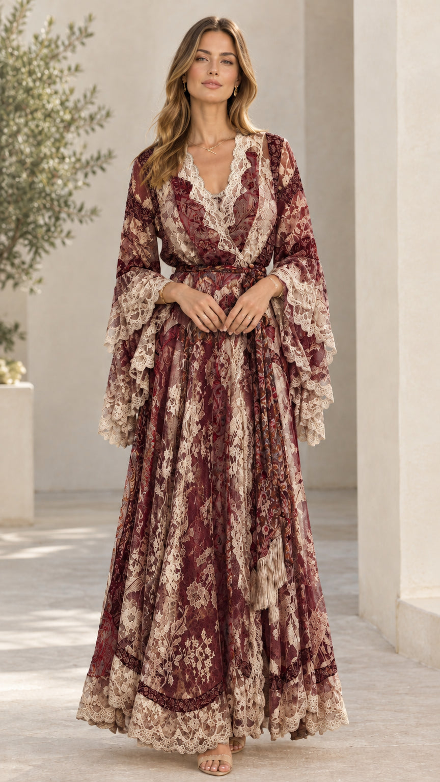 Burgundy wine lace floor length evening dress with bell sleeves