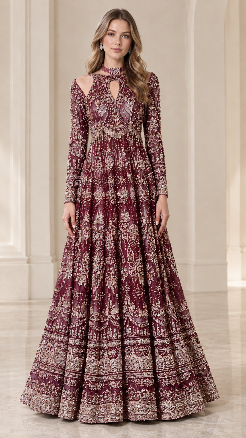Full-length Burgundy long-sleeve embellished evening gown