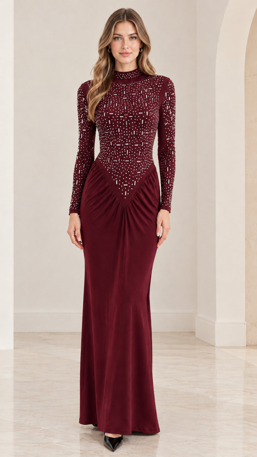 Front view of burgundy wine red rhinestone mock neck evening dress