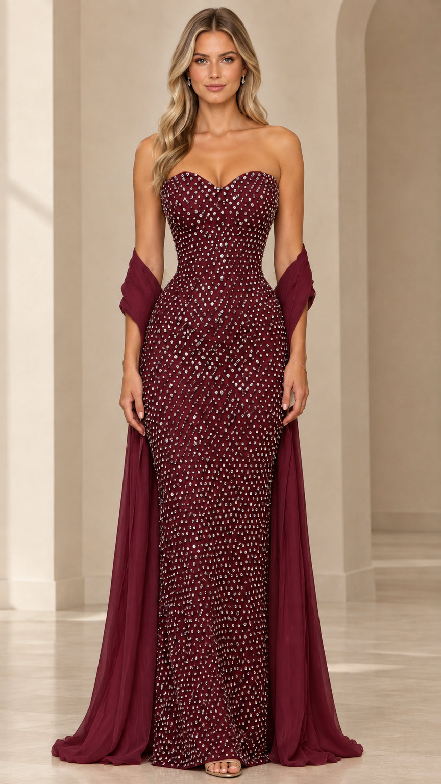 Burgundy wine strapless sparkle formal gown with matching deep red draped shawl