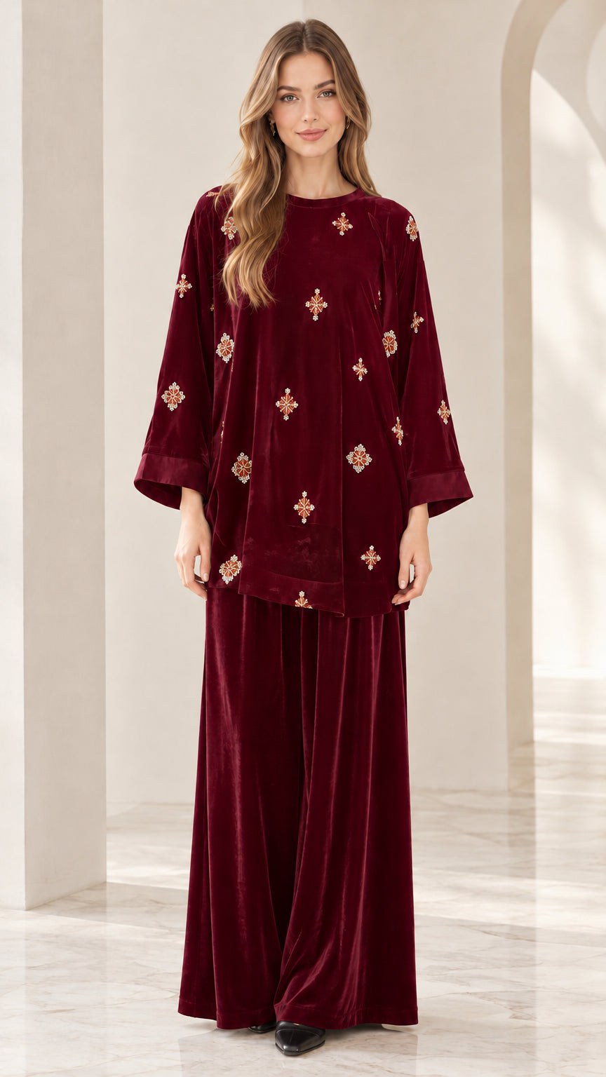 Front view of model wearing burgundy red embroidered velvet two piece set