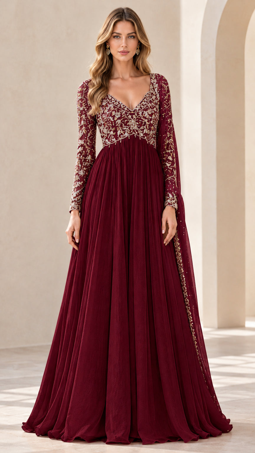 Burgundy wine long sleeve embroidered evening gown
