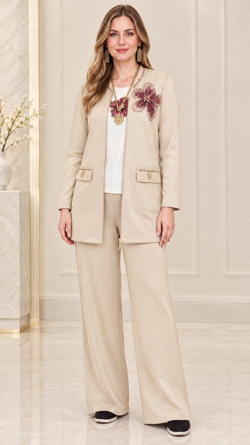 Full front view of women's beige two-piece floral embellished pants set