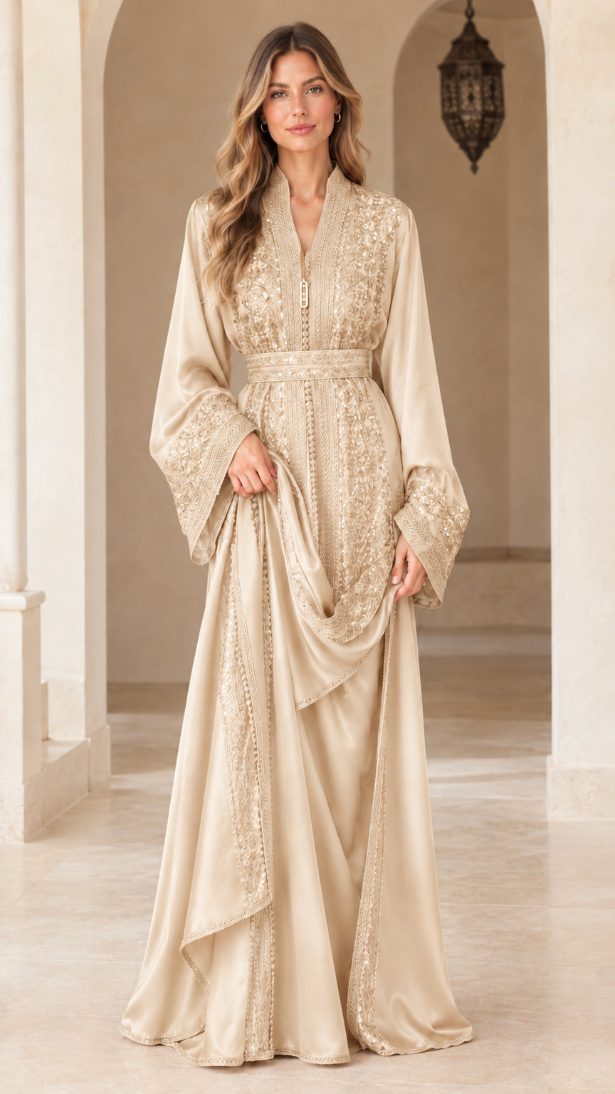 Model wearing champagne beige embroidered sequin belted kaftan maxi dress