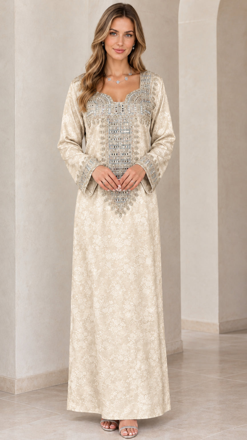 Champagne gold tone embroidered long sleeve maxi dress